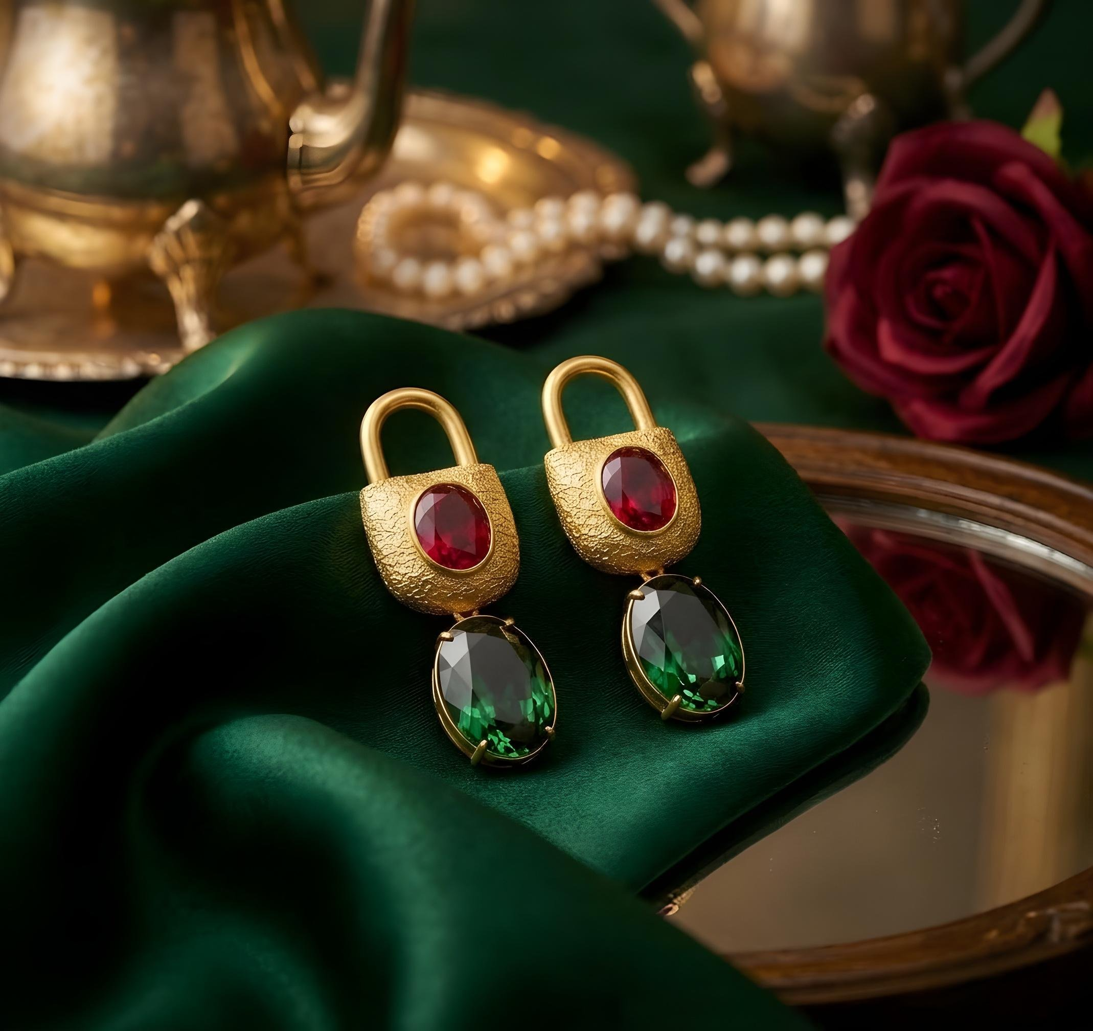 Gold plated brass earrings with red and green gemstones on a green fabric background