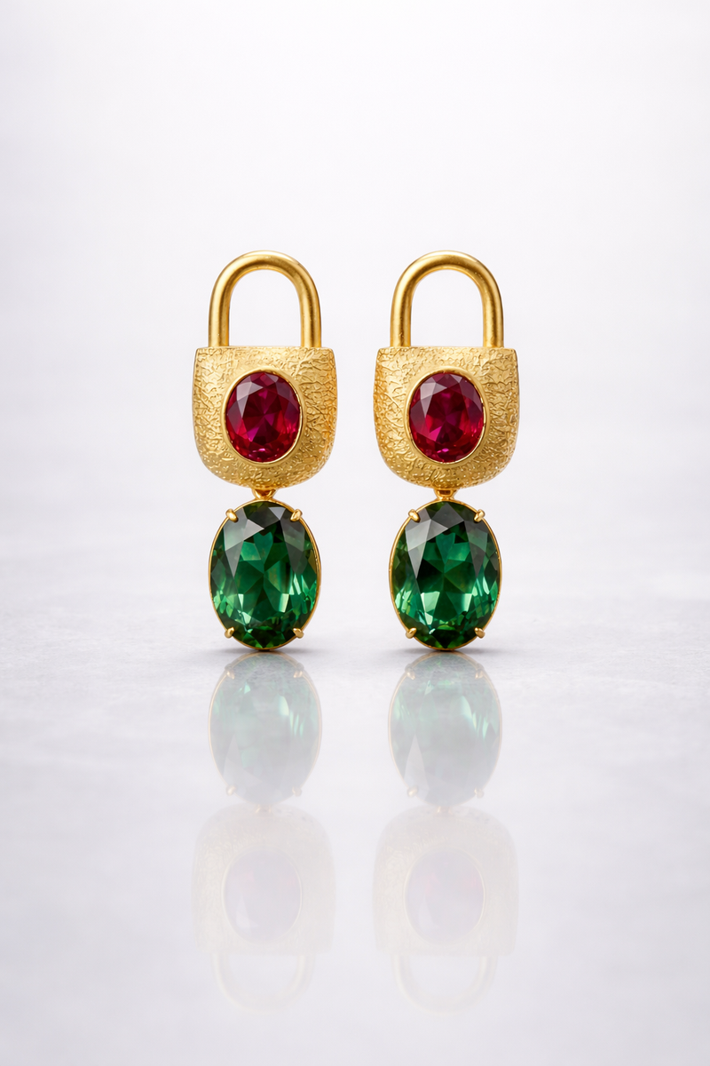 Gold earrings with red and green gemstones on a grey background