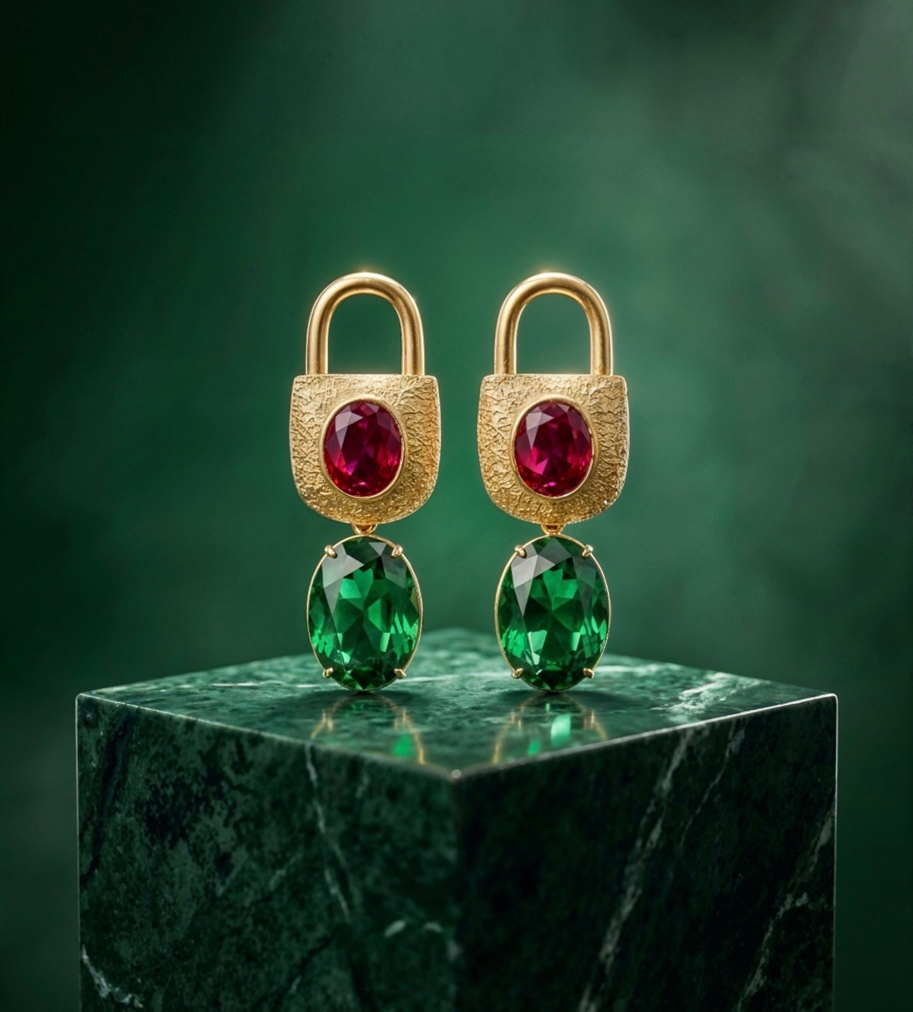 Gold plated brass earrings with red and green gemstones on a green marble base