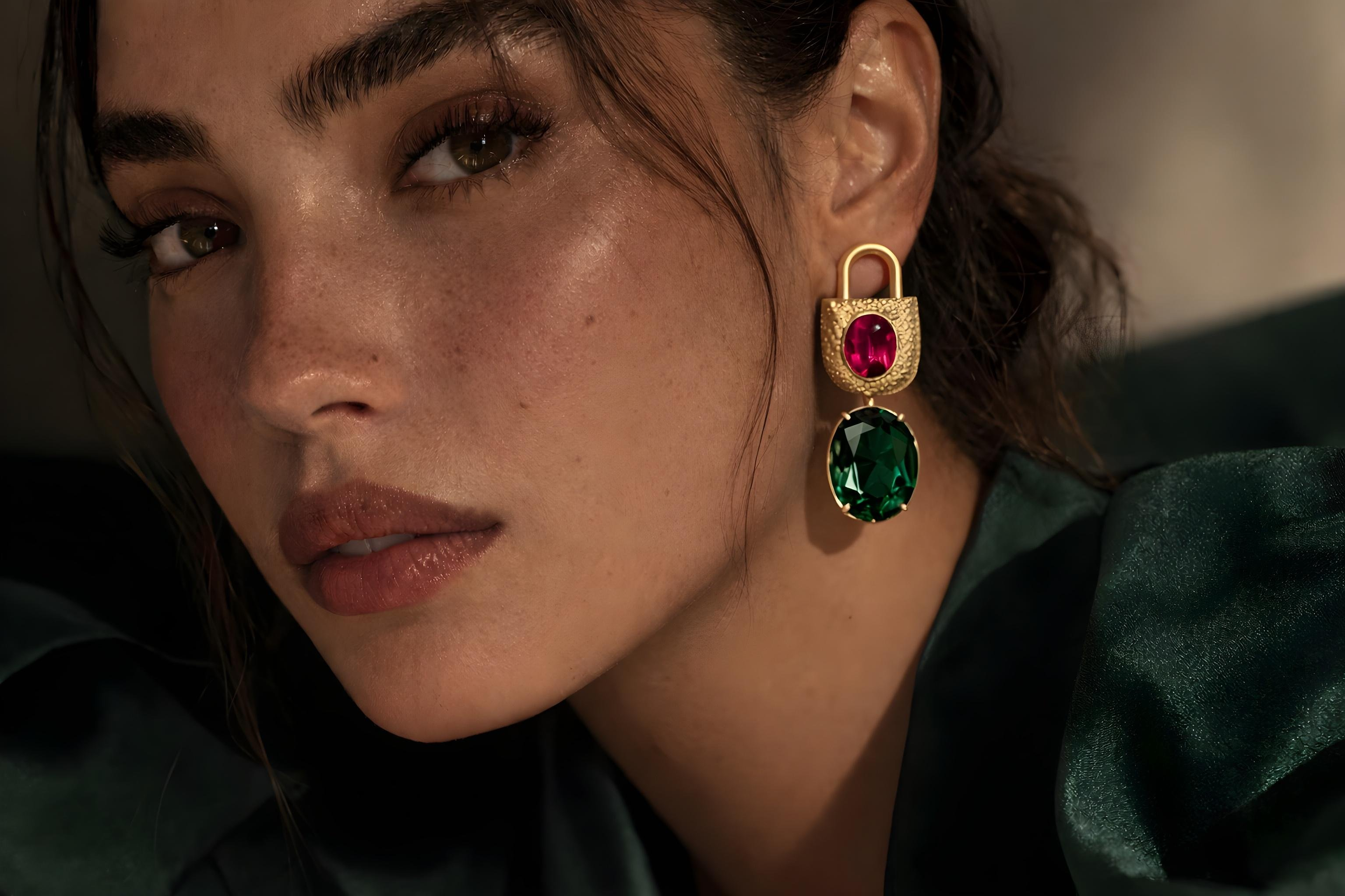 Close-up of a woman wearing gold plated brass earrings with red and green gemstones.