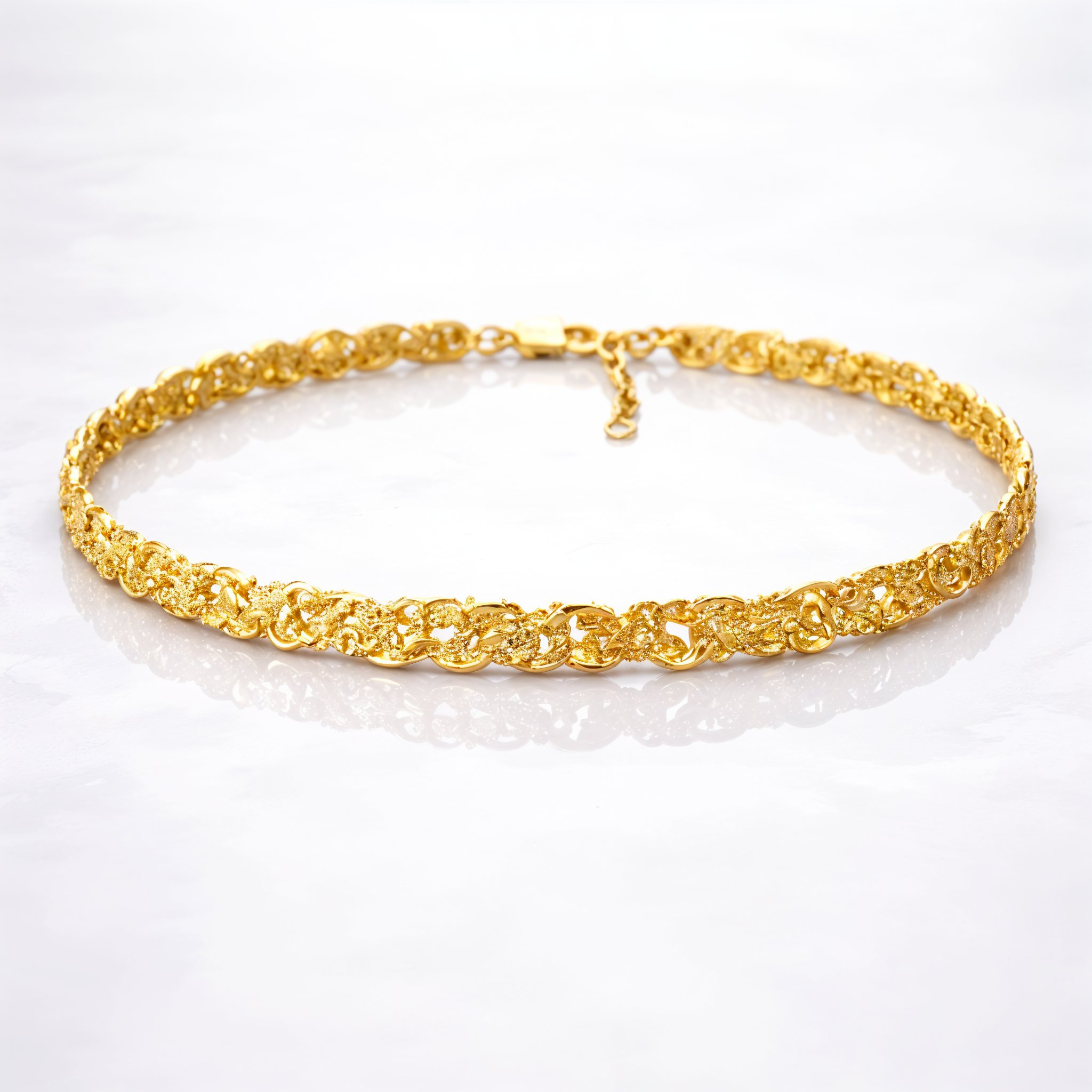 Gold plated brass pattern choker on grey background