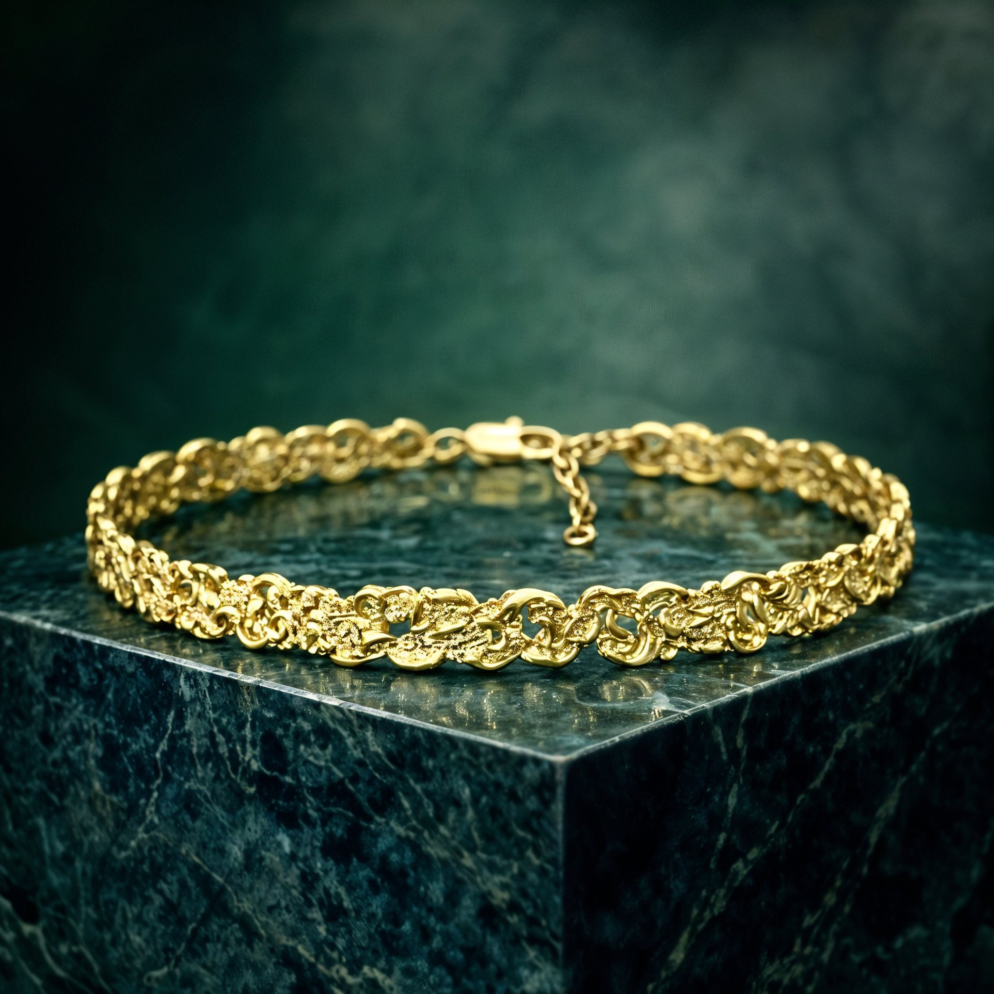 Gold plated brass choker on a dark green marble surface with a dark green background