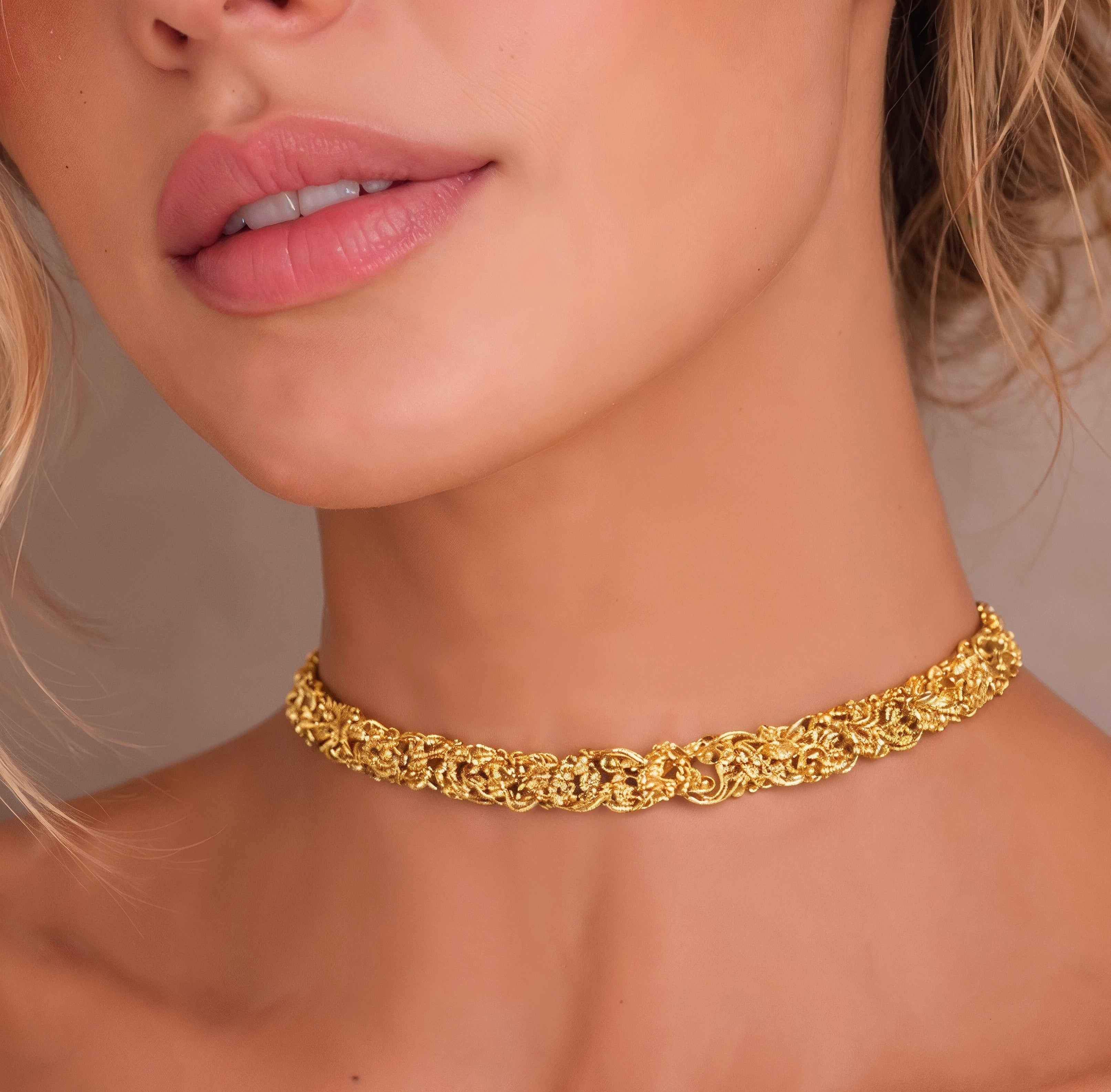 blonde woman wearing gold plated brass Choker 