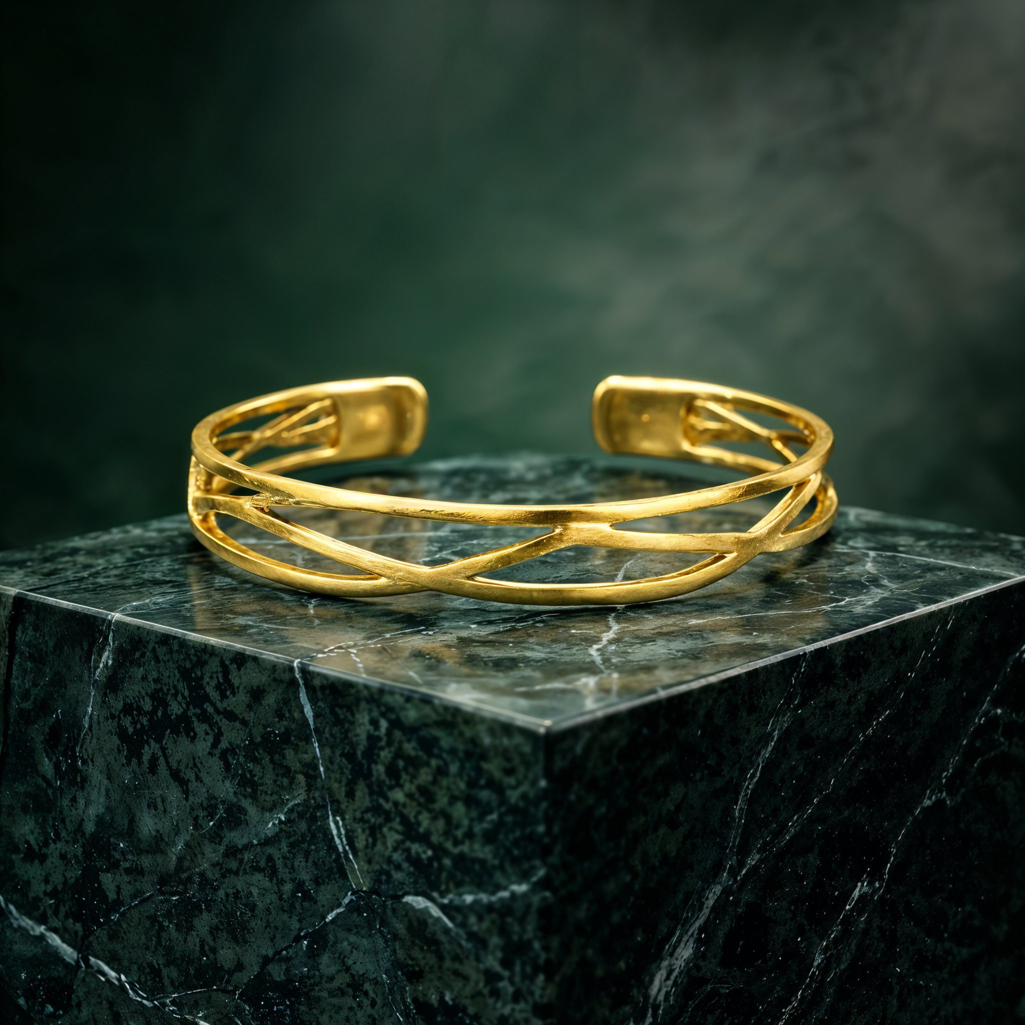 Gold plated brass bracelet on a dark marble surface with a dark background